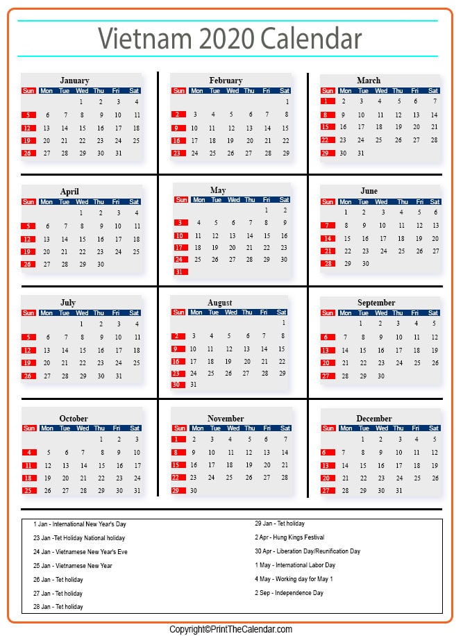 Vietnam Calendar 2020